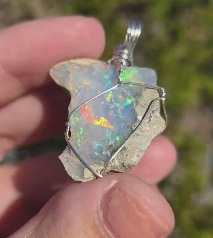 Raw Ethiopian Welo Opal Necklace | Wire Wrapped Pendant, 925 Sterling Silver Chain