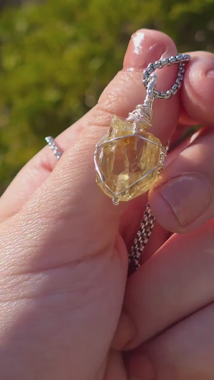 Golden Apatite Necklace | Wire Wrapped Crystal Pendant | Stainless Steel Chain | Natural Gem Quality Apatite Jewelry