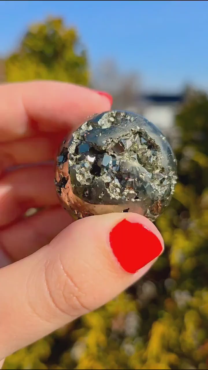 Druzy Pyrite Sphere | Sparkling Fool’s Gold Crystal Ball | Natural Metallic Mineral Specimen Decor
