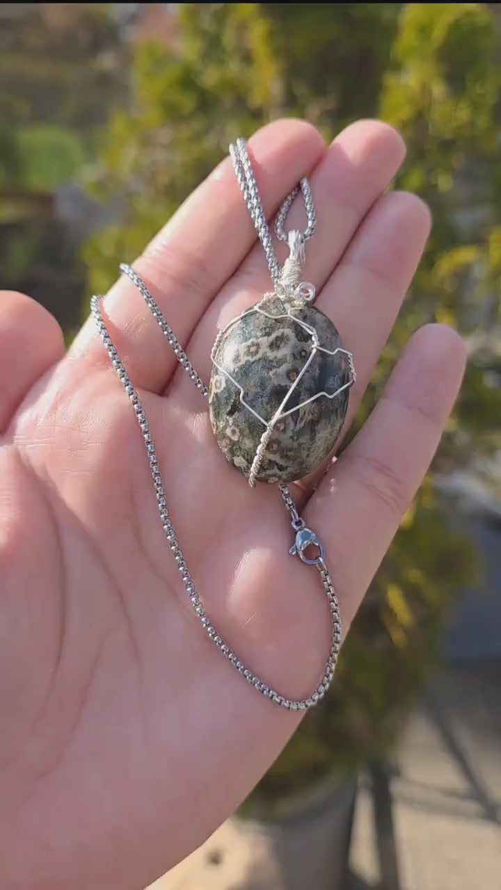 Ocean Jasper Necklace Stainless Steel | Orbicular Jasper Pendant | Green Jasper Necklace | Crystal Jewelry Gift | Natural Stone Necklace